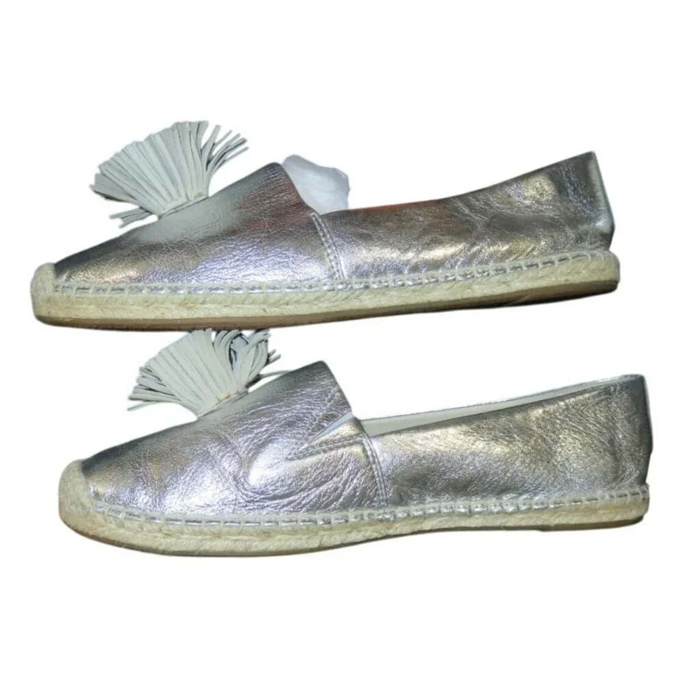 Michael Kors Lolita Silver Metallic Leather Pom Pom Espadrilles size 9.5 Slip On